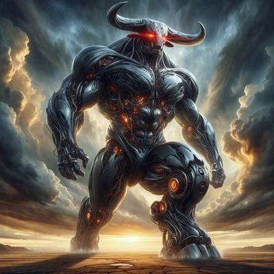 The primary subject of the image is a large robot with horns, standing in a desert-like environment. The robot has a futuristic and menacing appearance, with its metallic body and glowing red eyes. The setting is a cloudy sky, which adds to the overall atmosphere of the scene. The visual style of the image is digital art, as it is a detailed and intricate illustration of the robot. The colors and mood of the image are dark and dramatic, with the robot's red eyes